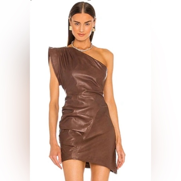 Lamarque X Revorve corey mini dress tan leather brown one shoulder size M - Picture 1 of 16